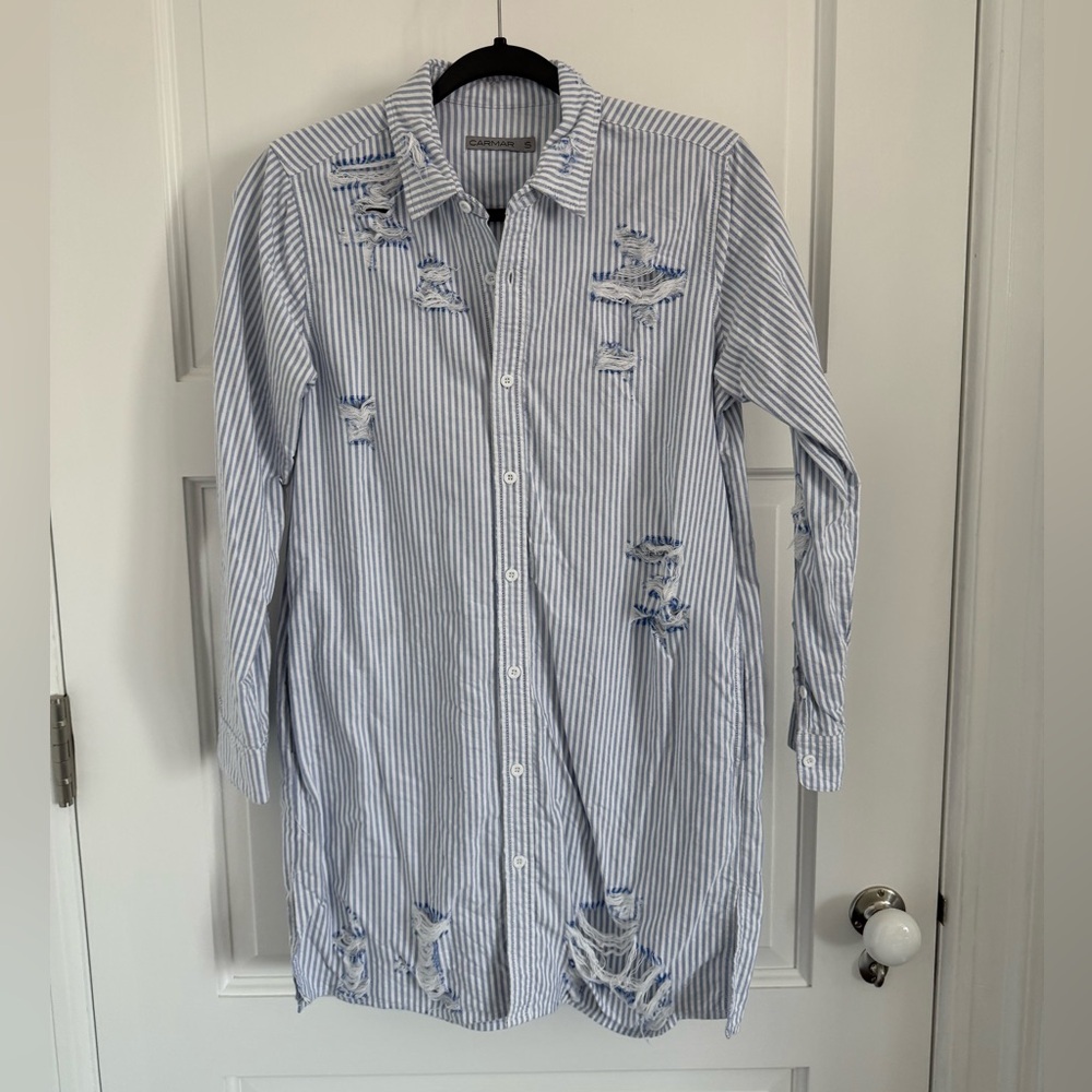 CARMAR Distressed Blue and White Striped button down.  Never worn.  NWOT